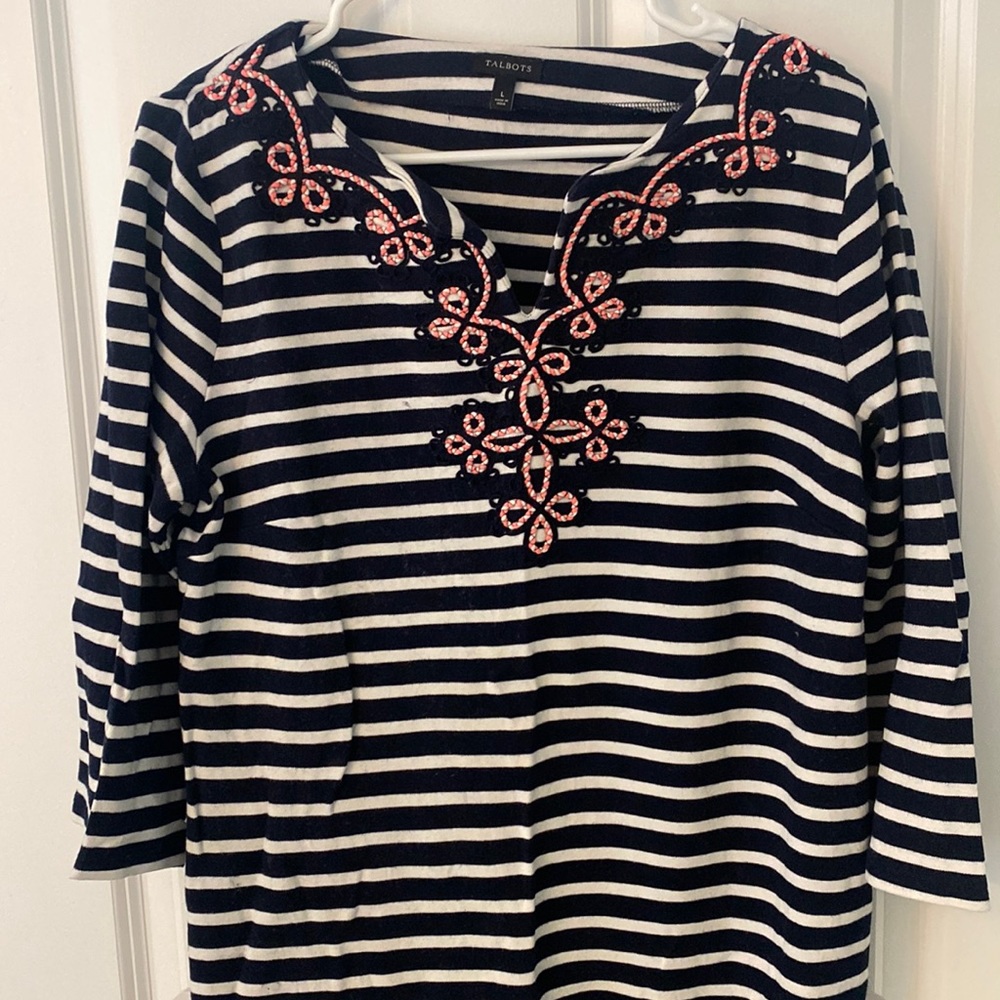 Navy and white striped dress with embellished neck